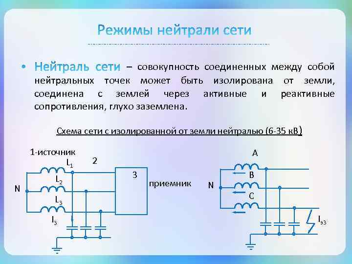 – совокупность соединенных между собой нейтральных точек может быть изолирована от земли, соединена с