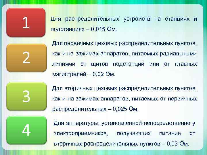 1 2 Для распределительных устройств на станциях и подстанциях – 0, 015 Ом. Для