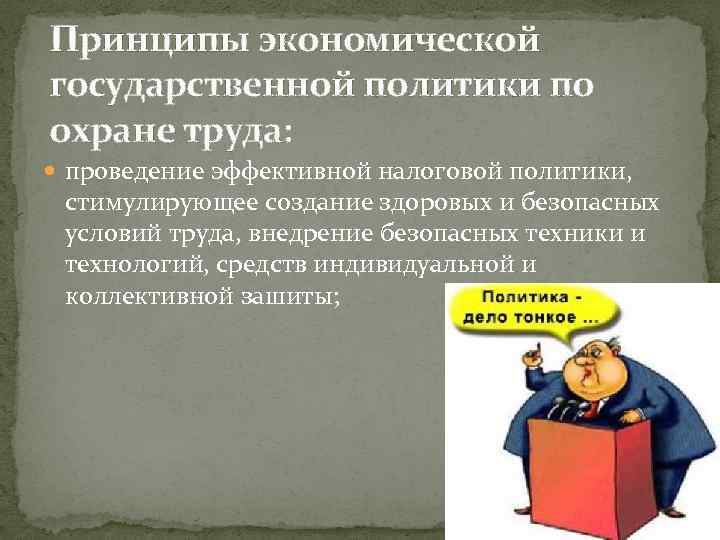 Принципы экономической государственной политики по охране труда: проведение эффективной налоговой политики, стимулирующее создание здоровых