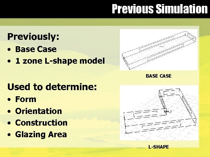 Previous Simulation Previously: • Base Case • 1 zone L-shape model BASE CASE Used