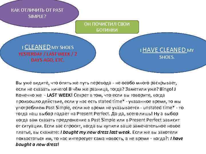 КАК ОТЛИЧИТЬ ОТ PAST SIMPLE? ОН ПОЧИСТИЛ СВОИ БОТИНКИ I CLEANED MY SHOES YESTERDAY