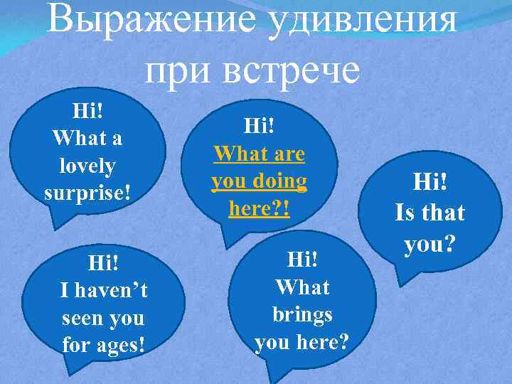 Выражение удивления при встрече Hi! What a lovely surprise! Hi! I haven’t seen you