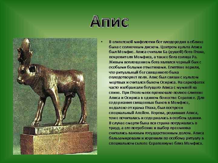 Апис • В египетской мифологии бог плодородия в облике быка с солнечным диском. Центром