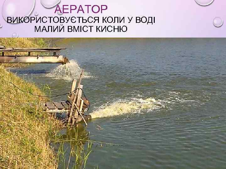 АЕРАТОР ВИКОРИСТОВУЄТЬСЯ КОЛИ У ВОДІ МАЛИЙ ВМІСТ КИСНЮ 
