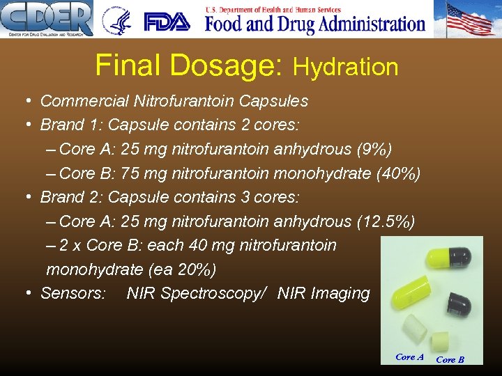 Final Dosage: Hydration • Commercial Nitrofurantoin Capsules • Brand 1: Capsule contains 2 cores: