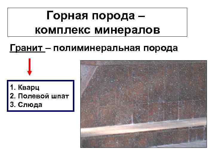 Горная порода – комплекс минералов Гранит – полиминеральная порода 1. Кварц 2. Полевой шпат