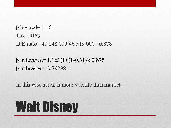 β levered= 1. 16 Tax= 31% D/E ratio= 40 848 000/46 519 000= 0.