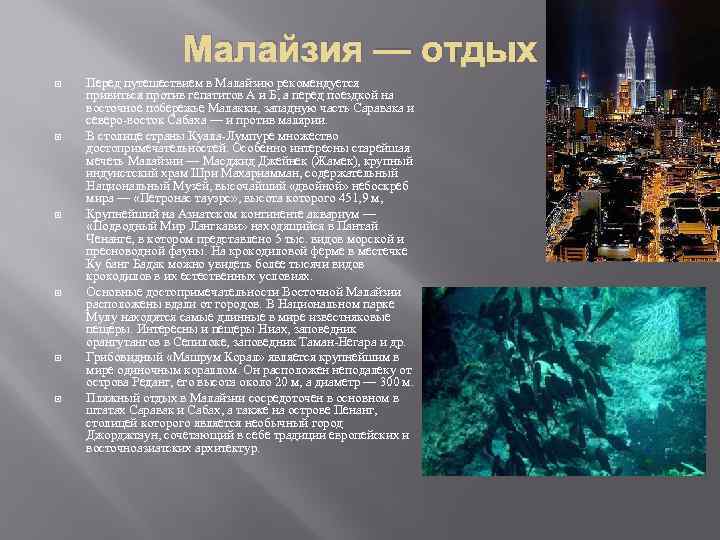 Малайзия — отдых Перед путешествием в Малайзию рекомендуется привиться против гепатитов А и Б,