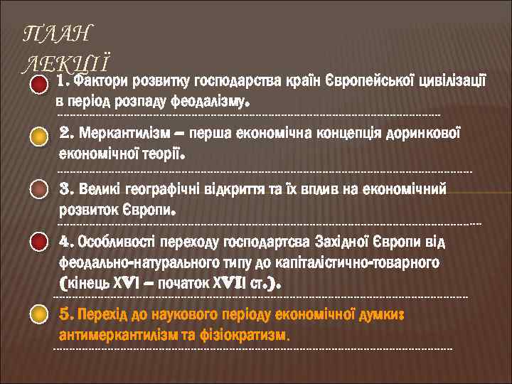 ПЛАН ЛЕКЦІЇ 1. Фактори розвитку господарства країн Європейської цивілізації в період розпаду феодалізму. 2.