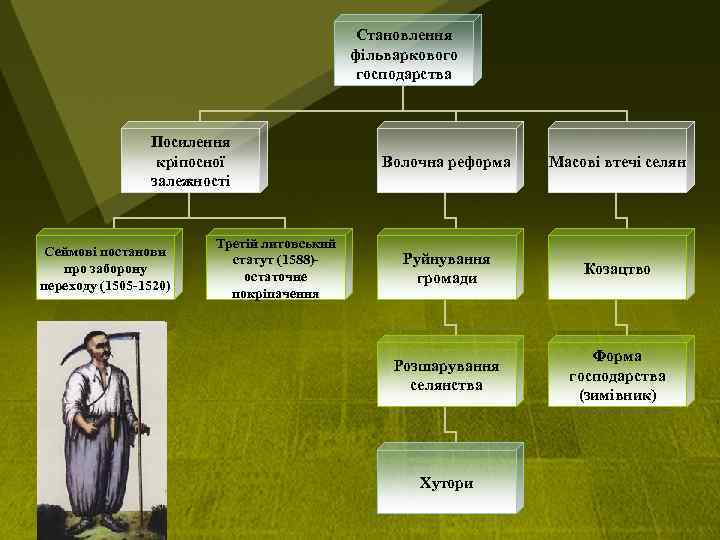 Становлення фільваркового господарства Посилення кріпосної залежності Сеймові постанови про заборону переходу (1505 -1520) Третій