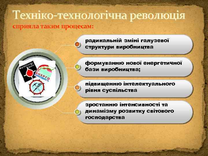 Техніко-технологічна революція сприяла таким процесам: радикальній зміні галузевої структури виробництва формуванню нової енергетичної бази