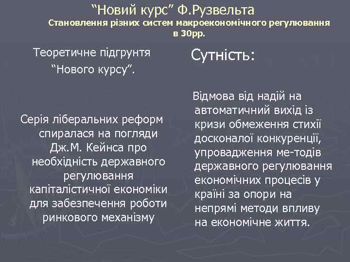 “Новий курс” Ф. Рузвельта Становлення різних систем макроекономічного регулювання в 30 рр. Теоретичне підгрунтя