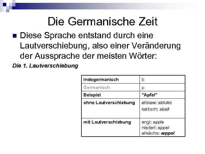 Die Germanische Zeit n Diese Sprache entstand durch eine Lautverschiebung, also einer Veränderung der