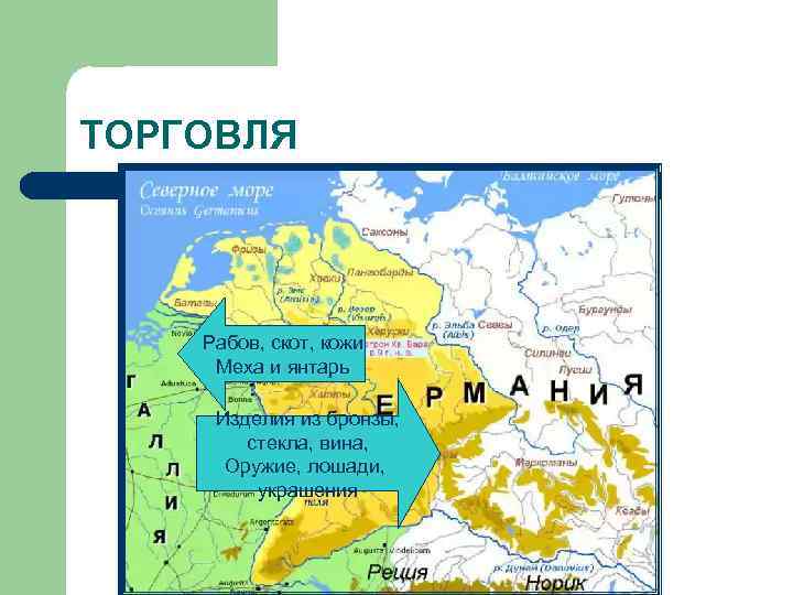 ТОРГОВЛЯ Рабов, скот, кожи Меха и янтарь Изделия из бронзы, стекла, вина, Оружие, лошади,