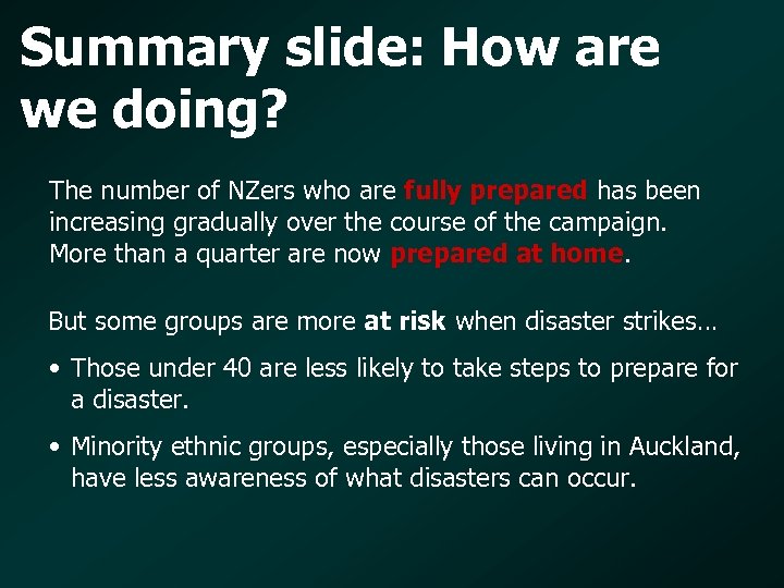 Summary slide: How are we doing? The number of NZers who are fully prepared