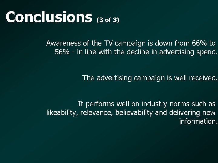 Conclusions (3 of 3) Awareness of the TV campaign is down from 66% to