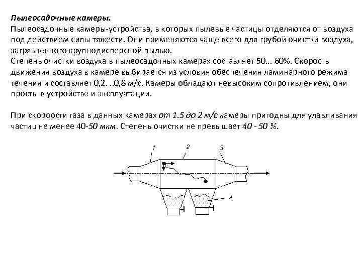 Пылеосадочные камеры-устройства, в которых пылевые частицы отделяются от воздуха под действием силы тяжести. Они
