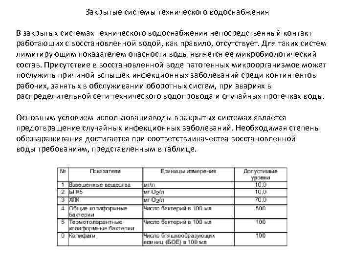 Закрытые системы технического водоснабжения В закрытых системах технического водоснабжения непосредственный контакт работающих с восстановленной