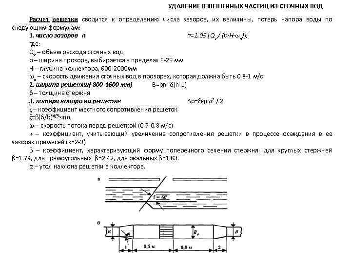 УДАЛЕНИЕ ВЗВЕШЕННЫХ ЧАСТИЦ ИЗ СТОЧНЫХ ВОД Расчет решетки сводится к определению числа зазоров, их