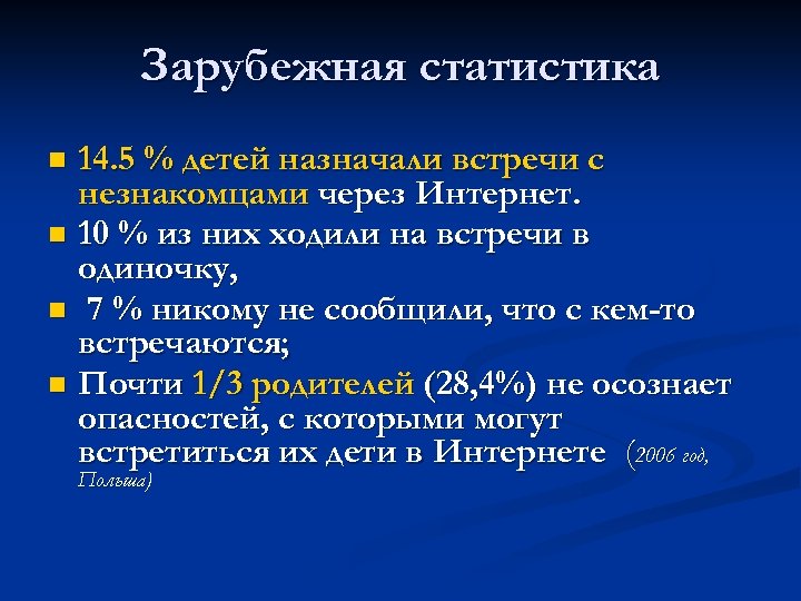 Зарубежная статистика 14. 5 % детей назначали встречи с незнакомцами через Интернет. n 10