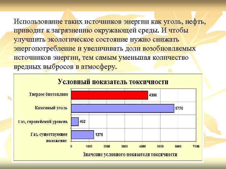 Использование таких источников энергии как уголь, нефть, приводит к загрязнению окружающей среды. И чтобы