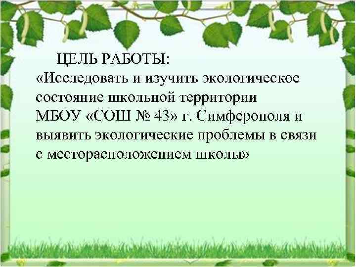  ЦЕЛЬ РАБОТЫ: «Исследовать и изучить экологическое состояние школьной территории МБОУ «СОШ № 43»