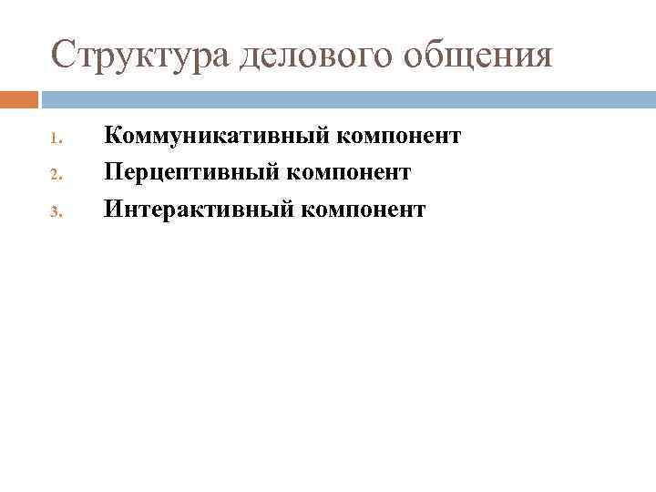 Структура делового общения 1. 2. 3. Коммуникативный компонент Перцептивный компонент Интерактивный компонент 