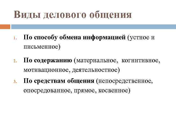 Виды делового общения 1. 2. 3. По способу обмена информацией (устное и письменное) По