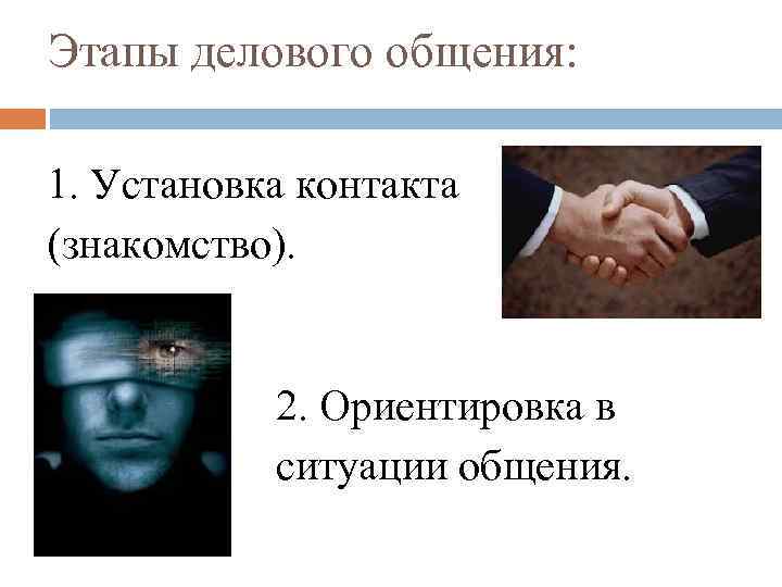 Этапы делового общения: 1. Установка контакта (знакомство). 2. Ориентировка в ситуации общения. 