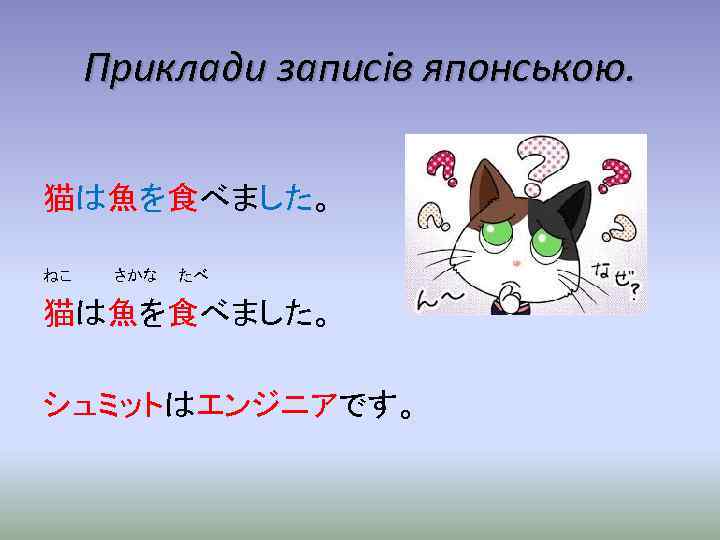 Приклади записів японською. 猫は魚を食べました。 ねこ　　　　さかな　　たべ 猫は魚を食べました。 シュミットはエンジニアです。 