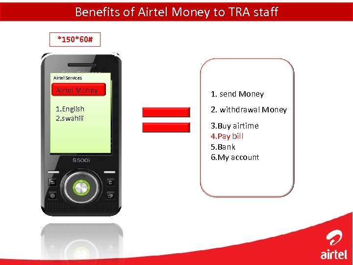 Benefits of Airtel Money to TRA staff *150*60# Airtel Services Airtel Money 1. send