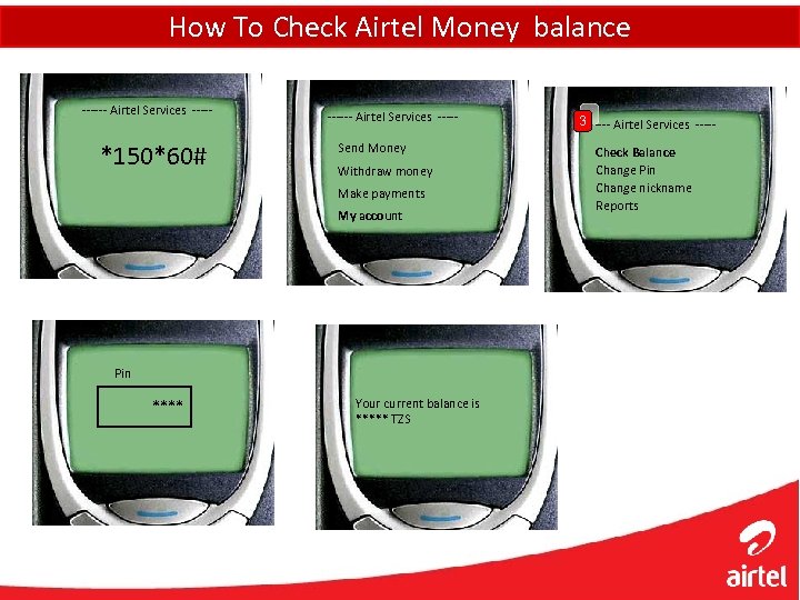 How To Check Airtel Money balance ------ Airtel Services ----- *150*60# ------ Airtel Services
