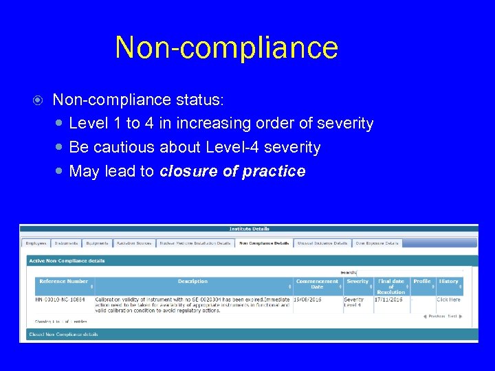 Non-compliance status: Level 1 to 4 in increasing order of severity Be cautious about