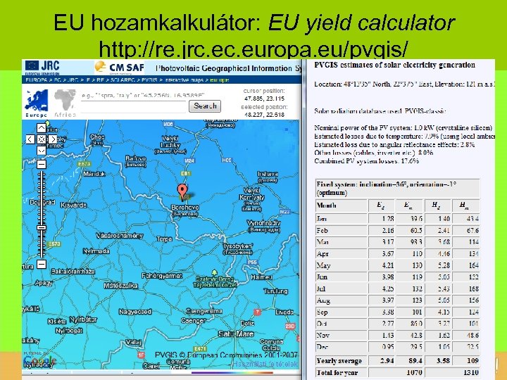 EU hozamkalkulátor: EU yield calculator http: //re. jrc. europa. eu/pvgis/ 