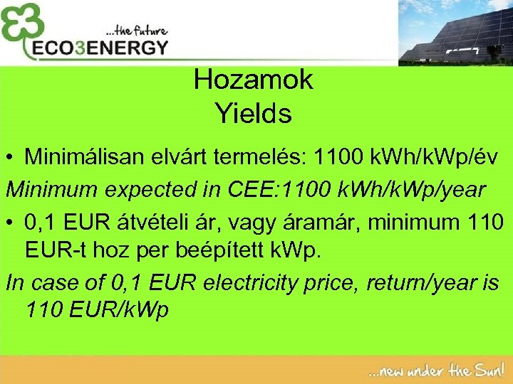 Hozamok Yields • Minimálisan elvárt termelés: 1100 k. Wh/k. Wp/év Minimum expected in CEE: