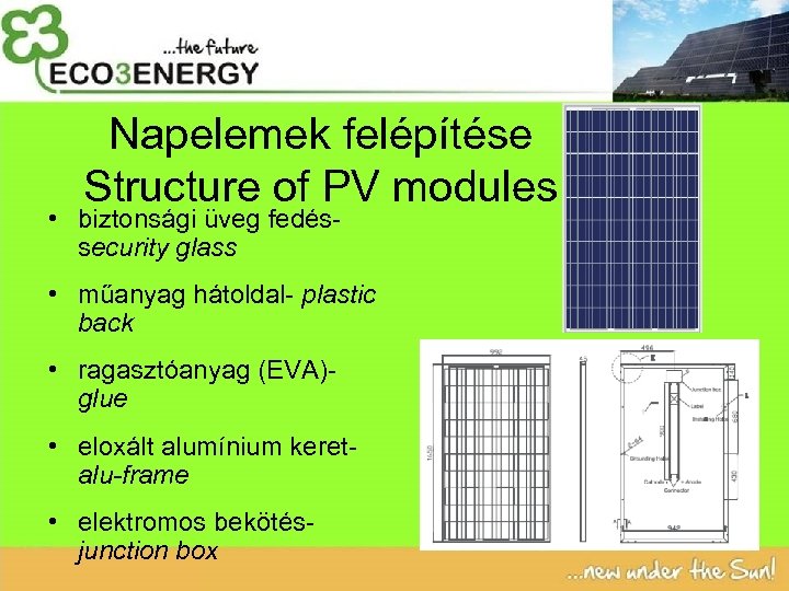 Napelemek felépítése Structure of PV modules • biztonsági üveg fedéssecurity glass • műanyag hátoldal-