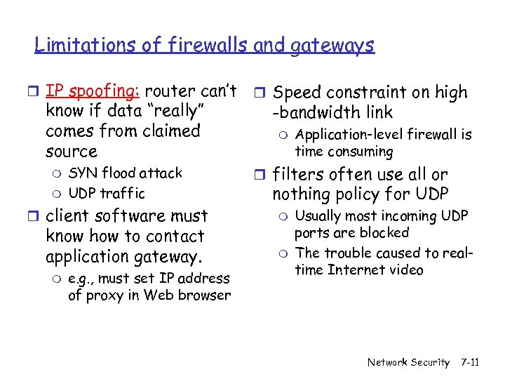 Limitations of firewalls and gateways r IP spoofing: router can’t know if data “really”