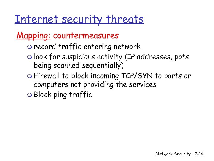 Internet security threats Mapping: countermeasures m record traffic entering network m look for suspicious
