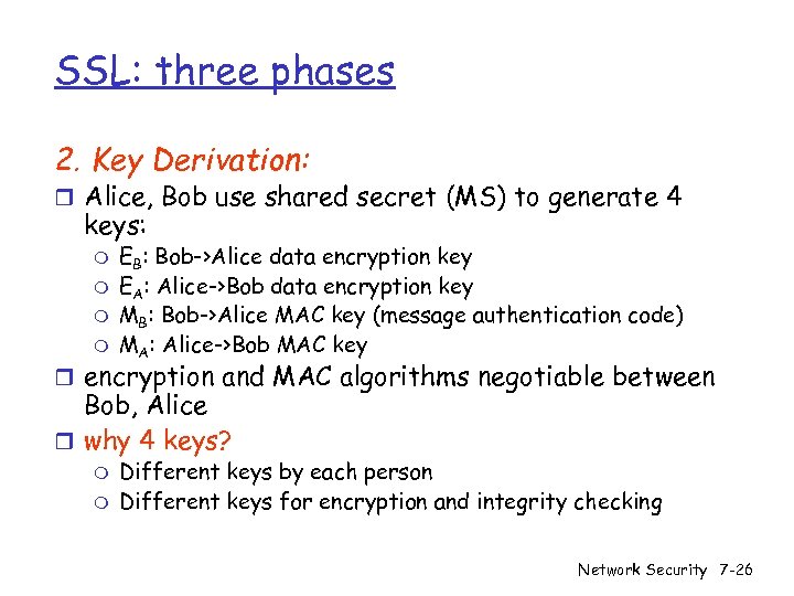 SSL: three phases 2. Key Derivation: r Alice, Bob use shared secret (MS) to