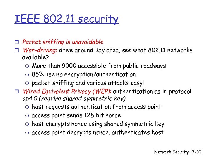 IEEE 802. 11 security r Packet sniffing is unavoidable r War-driving: drive around Bay