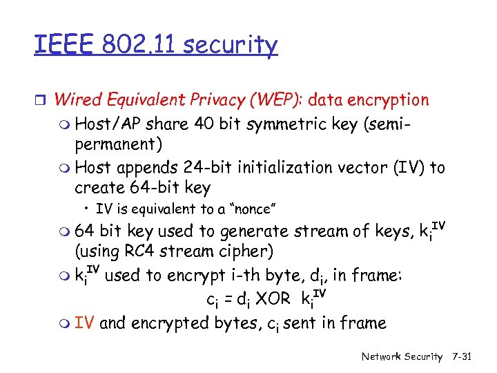 IEEE 802. 11 security r Wired Equivalent Privacy (WEP): data encryption m Host/AP share