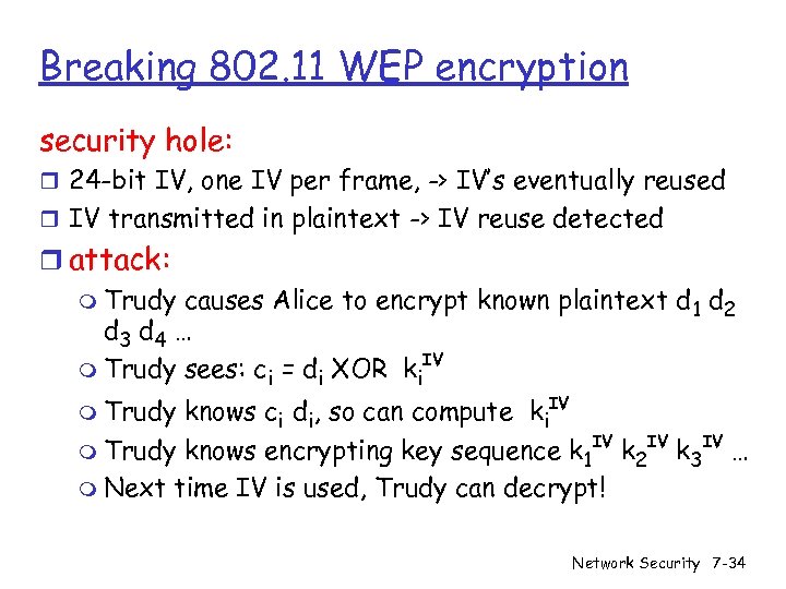 Breaking 802. 11 WEP encryption security hole: r 24 -bit IV, one IV per