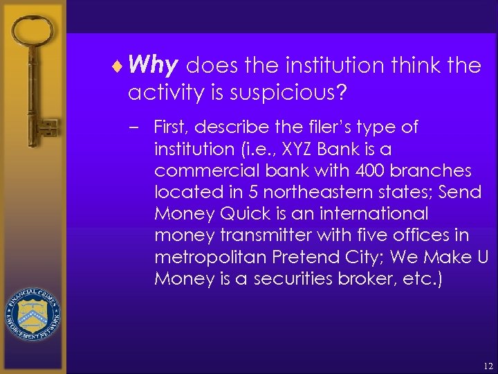 ¨ Why does the institution think the activity is suspicious? – First, describe the