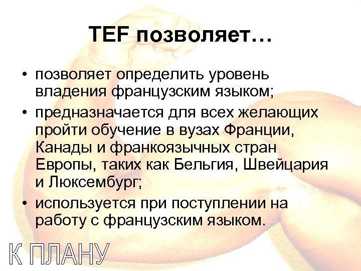 TEF позволяет… • позволяет определить уровень владения французским языком; • предназначается для всех желающих