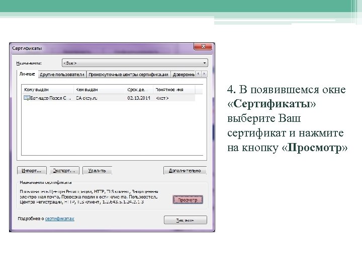 4. В появившемся окне «Сертификаты» выберите Ваш сертификат и нажмите на кнопку «Просмотр» 