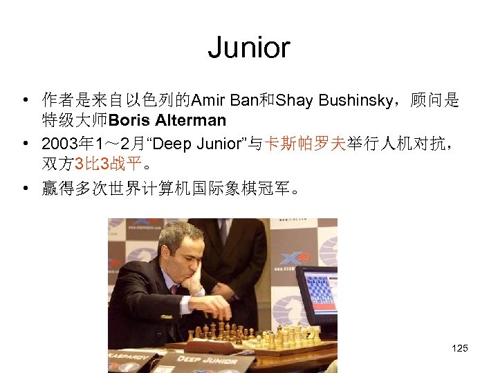 Junior • 作者是来自以色列的Amir Ban和Shay Bushinsky，顾问是 特级大师Boris Alterman • 2003年 1～ 2月“Deep Junior”与卡斯帕罗夫举行人机对抗， 双方 3比