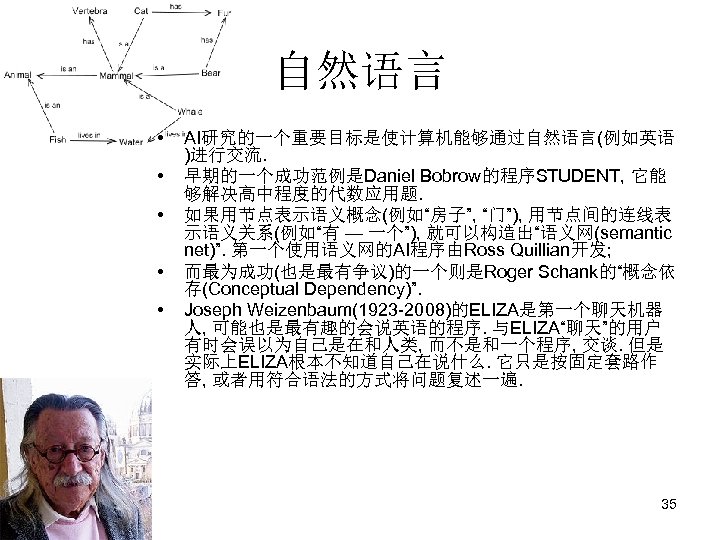 自然语言 • • • AI研究的一个重要目标是使计算机能够通过自然语言(例如英语 )进行交流. 早期的一个成功范例是Daniel Bobrow的程序STUDENT, 它能 够解决高中程度的代数应用题. 如果用节点表示语义概念(例如“房子”, “门”), 用节点间的连线表 示语义关系(例如“有