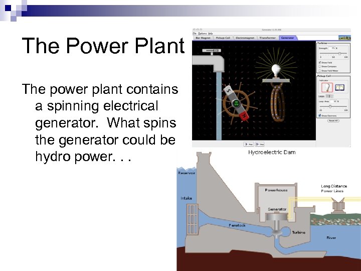 The Power Plant The power plant contains a spinning electrical generator. What spins the