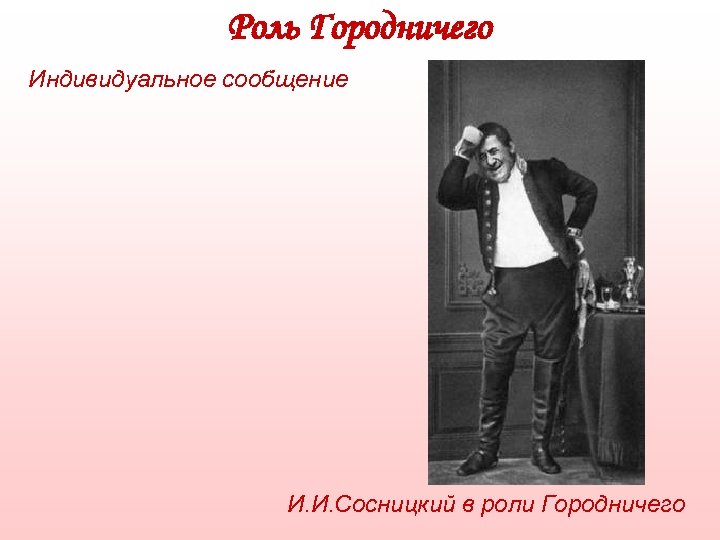 Роль Городничего Индивидуальное сообщение И. И. Сосницкий в роли Городничего 