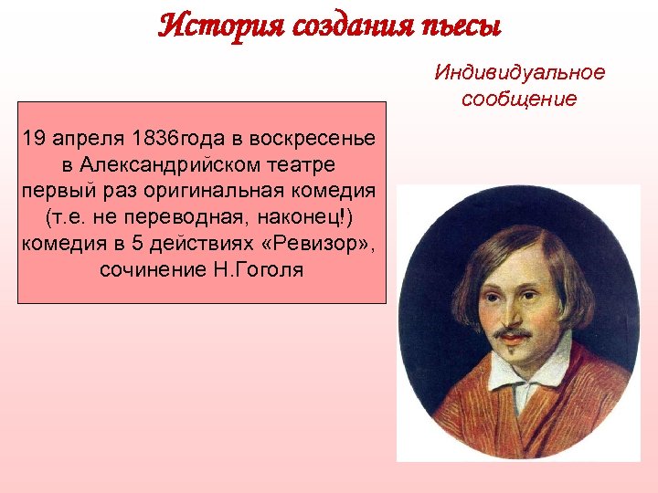 История создания пьесы Индивидуальное сообщение 19 апреля 1836 года в воскресенье в Александрийском театре